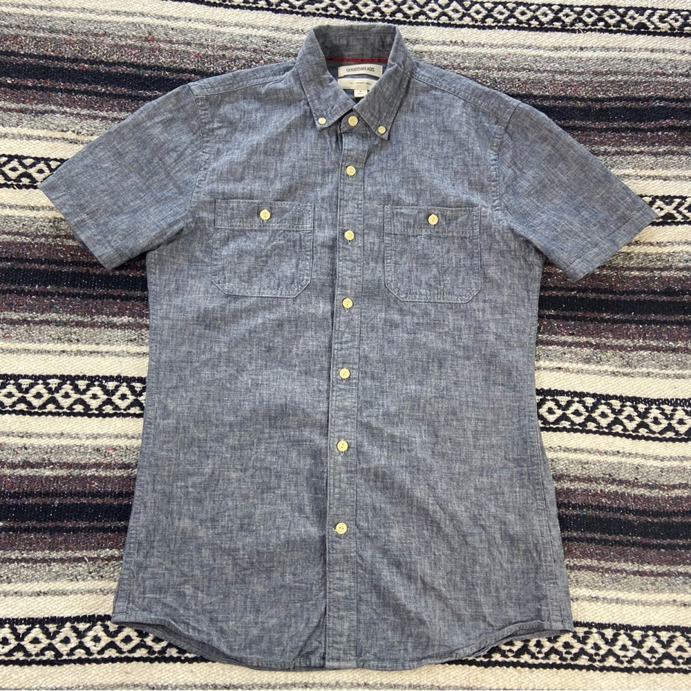 Goodthreads Mens Chambray Linen Blue Button-Down Shirt Short Sleeve Small Slim S